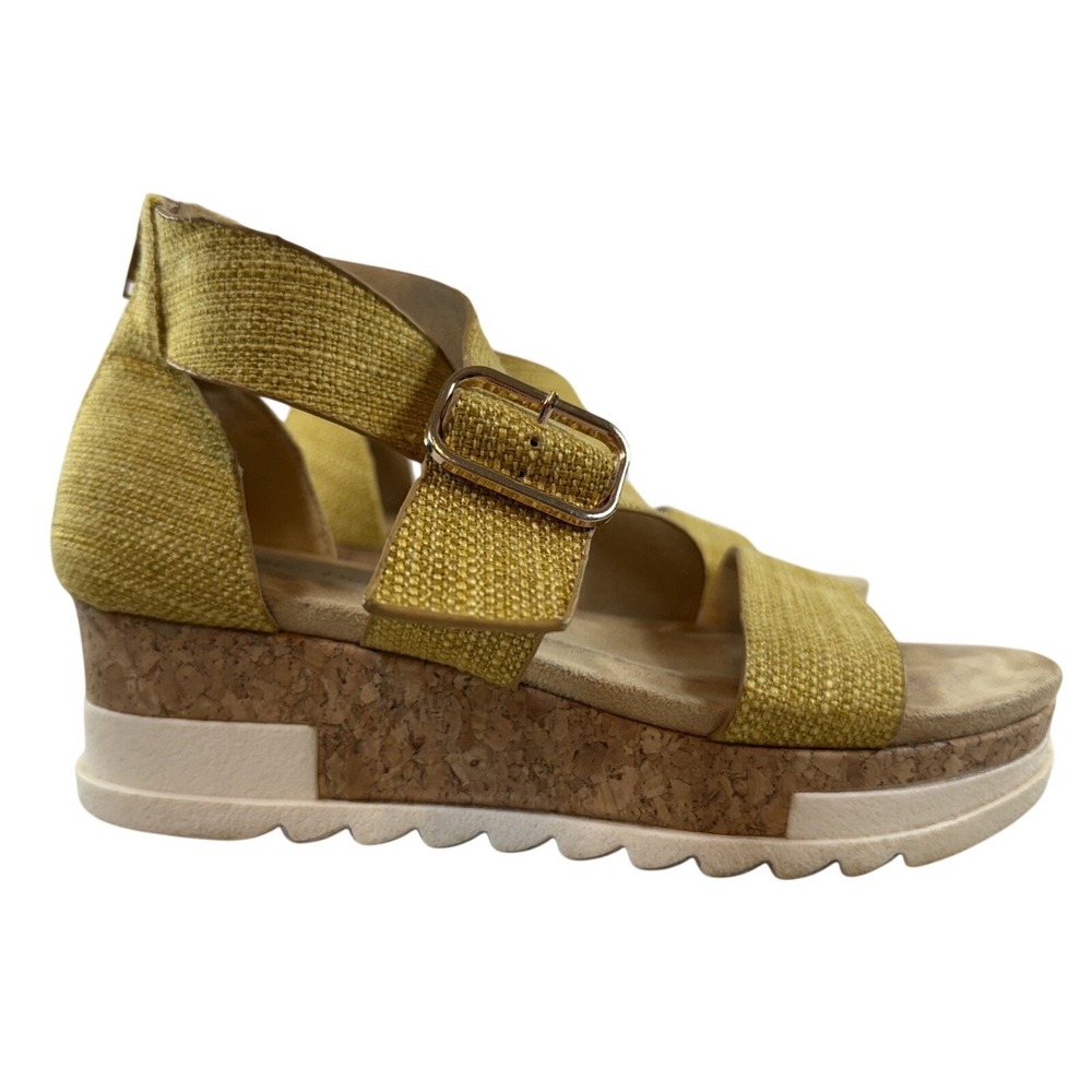 Pierre Dumas Drake Wedge Sandals Womens 9 Yellow Mustard Cork Platform Strappy